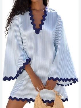 Striped Blue Tunic Dress with Navy Scallop Trim